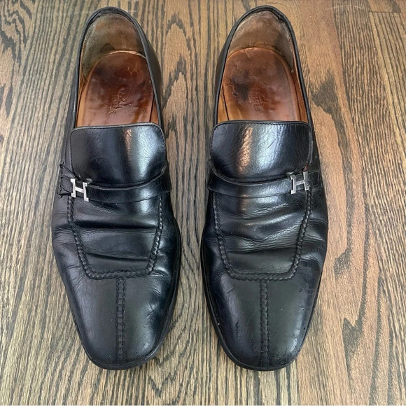 Vintage Hermes Paris black leather loafers size 9/10
